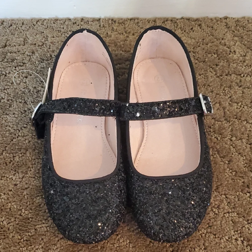 Girls Falls Creek Black Glitter Dress Flats w Strap Size 1 Dress Shoes NWT